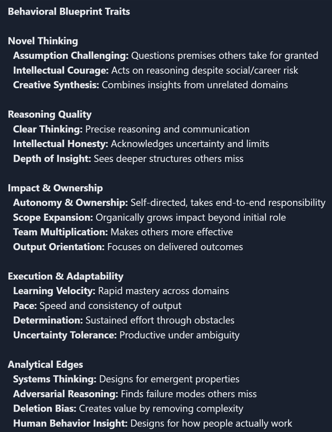 Trait dictionary listing all 18 Behavioral Blueprint traits grouped by category, each with a one-line definition. Examples: Assumption Challenging - Questions premises others take for granted. Creative Synthesis - Combines insights from unrelated domains. Adversarial Reasoning - Finds failure modes others miss.